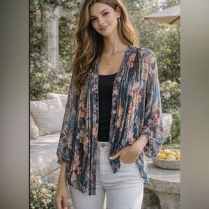 Artsy floral kimono jacket pleat light open front button vneck pink festival L